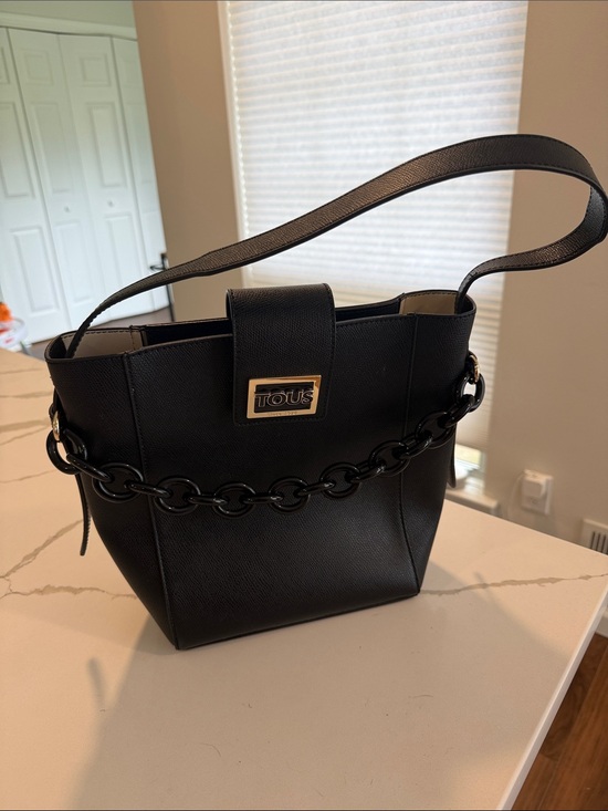 Tous Handbags - TOUS Black Leather Shoulder Bag with Chain Accent